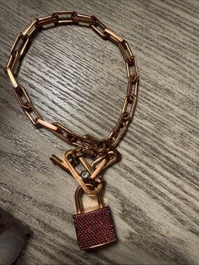 Henri Bendel Rose Gold Chain Bracelet and necklace with Rhinestone Padlock Charm